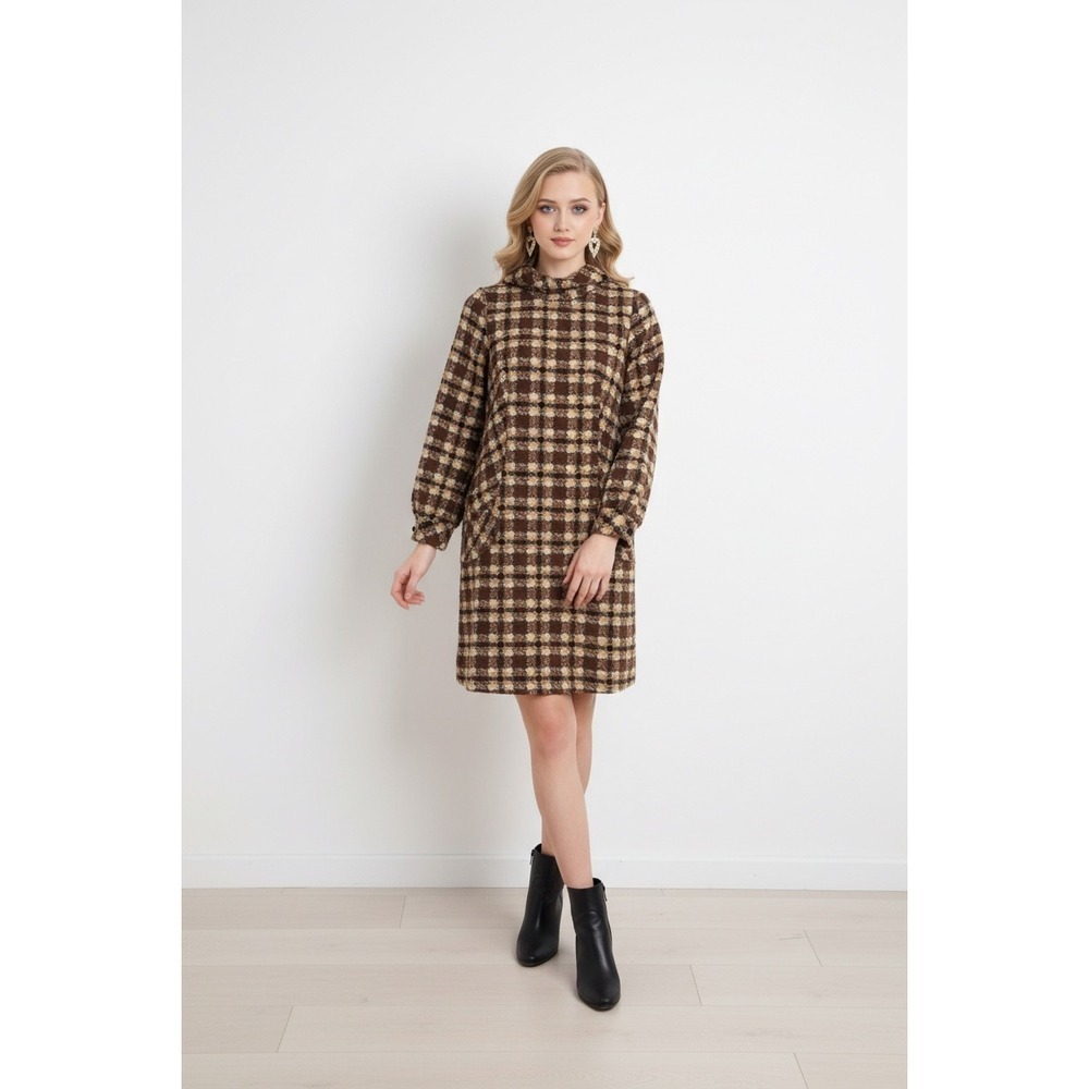 Vintage Phil Jacobs Plaid Shift Dress Brown Tan Funnel Neck 60s Style Medium 189